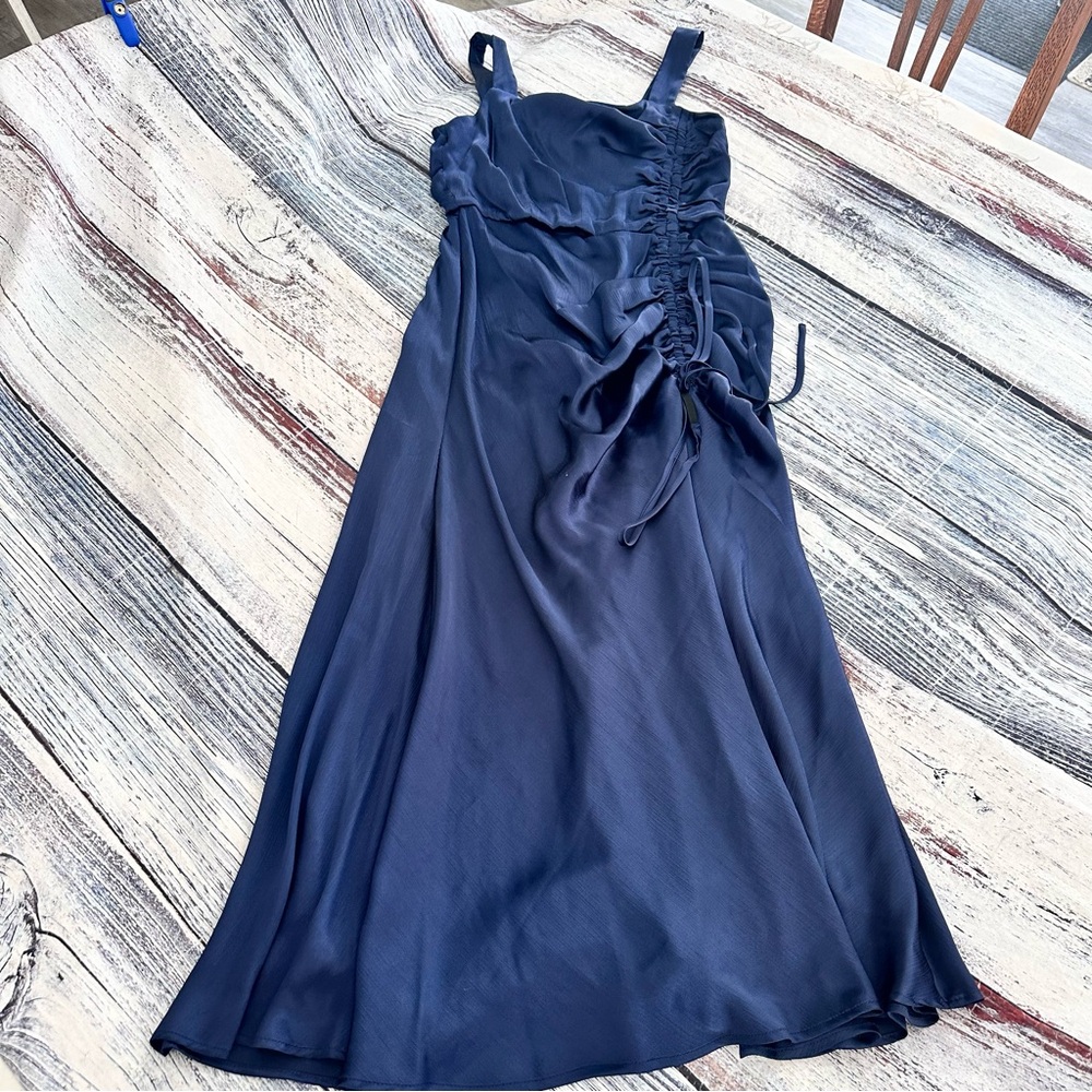 Taylor Navy Satin Ruched-Side Slip Dress - Picture 2 of 8